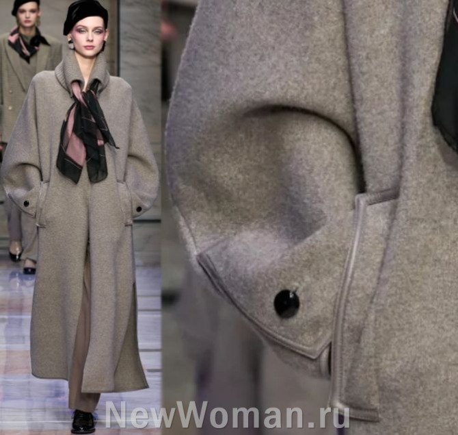 Женское шерстяное пальто мидакси серого цвета для дам элегантного возраста с вязаным резинкой воротником - мода 2024 года от бренда Giorgio Armani, FALL 2023 READY-TO-WEAR, Миланская Неделя моды