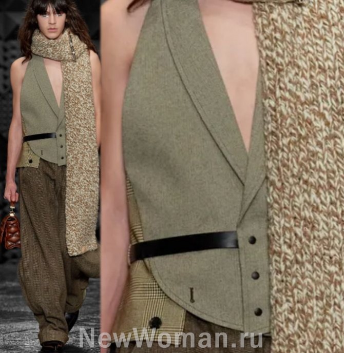модный тренд 2024 года - женские брюки в сочетании с жилетом и длинным шарфом из пряжи