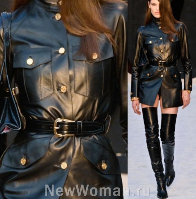 короткий черный женский кожаный плащ в стиле милитари с накладными карманами в военном стиле
