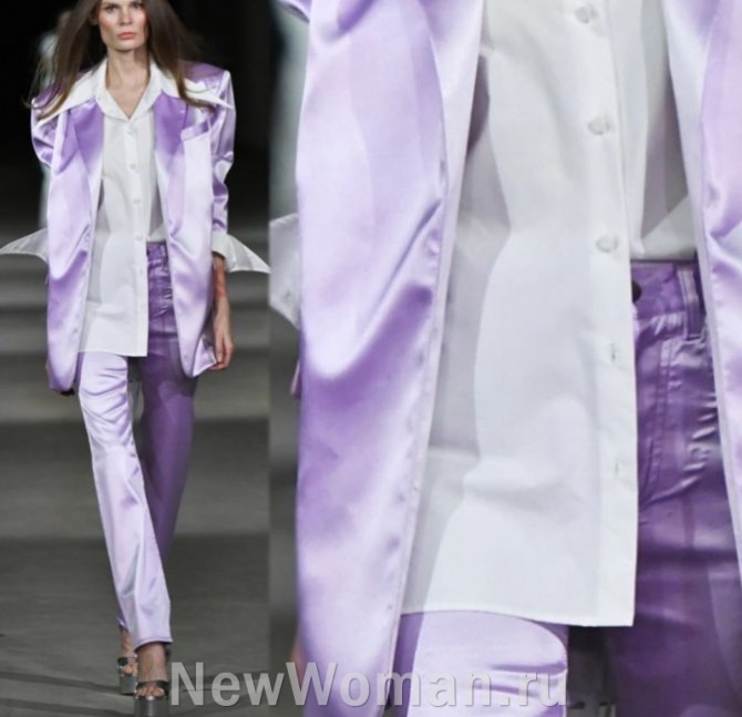 летний женский брючный костюм 2024 из нежно-фиолетового шелка