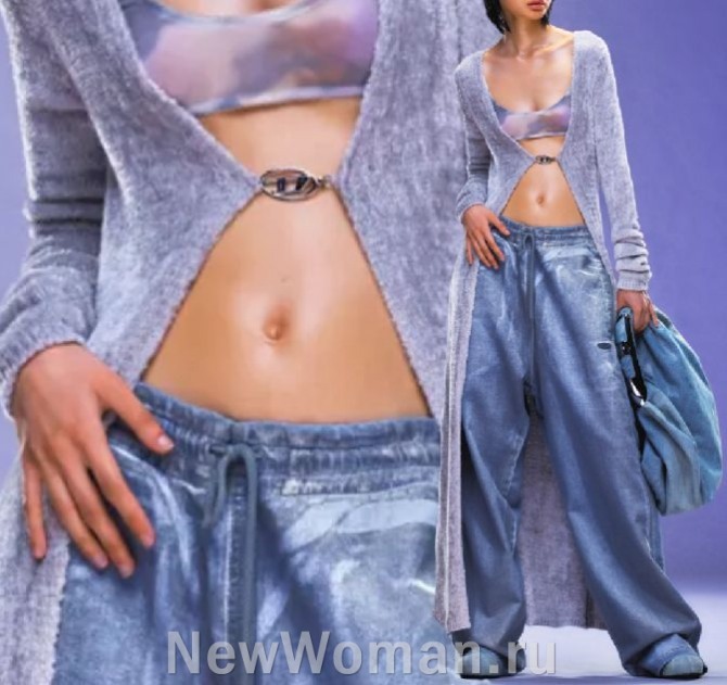 тренды брючной женской моды 2024 - джинсовые повседневные штаны широкого свободного покроя с резинкой и кулиской вместо пояса в спортивном стиле