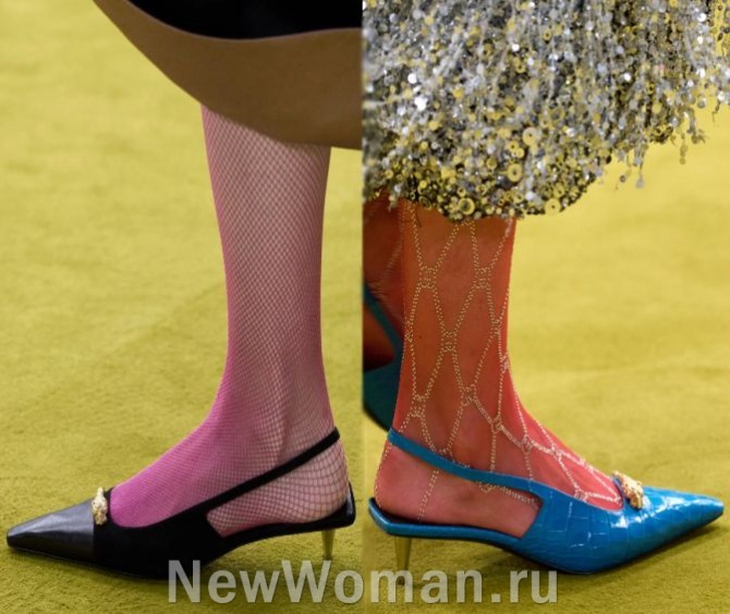 модные вечерние женские туфли-слингбэки на маленьком металлическом каблуке - тренды 2024 года