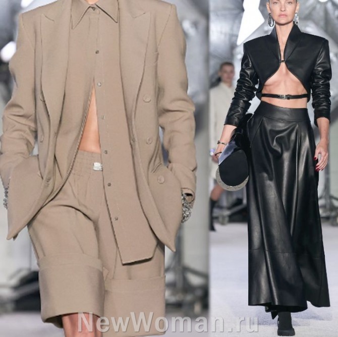 модные женские костюмы 2024 года с Нью-Йоркской недели моды в стиле тотал-лук капучино и черный, женский пиджак с шортами и кожаная длинная юбка с укороченным жакетом