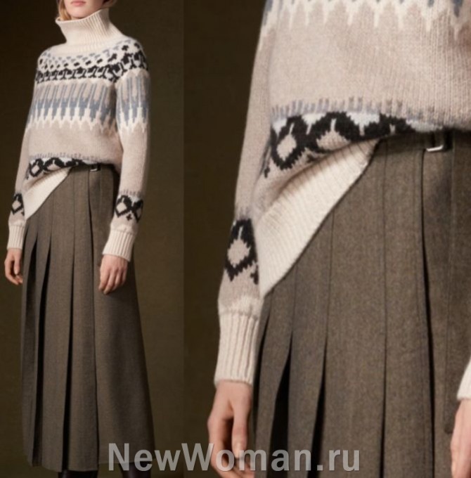 зимняя мода на юбки 2024 года, юбка миди коричневого цвета в складку в ансамбле с зимним теплым свитером