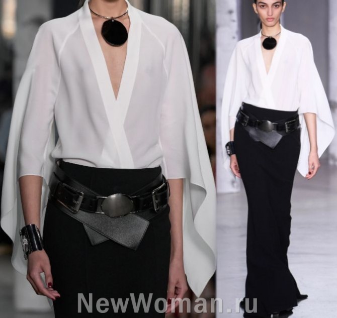основные тенденции в моде на женские блузки 2024 года - острый V-образный глубокий вырез на груди