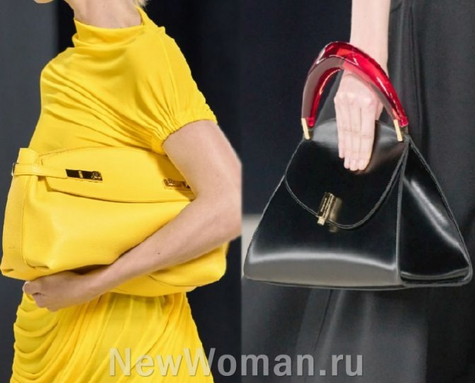 новинки кожаных сумок желтого и черного цвета - без ручек и прозрачной пластмассовой ручкой красного цвета