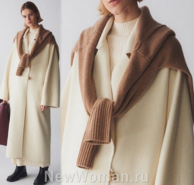 горячий тренд для женских пальто 2024 года - свитер вместо шарфа, с завязанными на горле или груди рукавами
