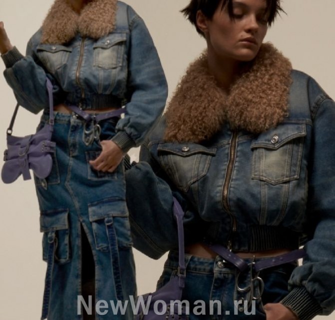 женский уличный зимний джинсовый комплект 2024 в военном стиле, длинная юбка-карго и укороченная куртка с меховым воротником