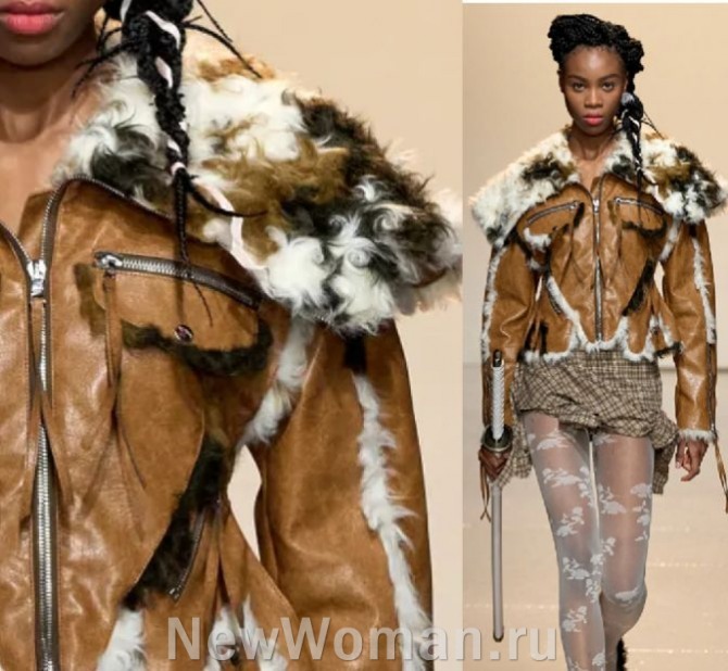 красивые женские куртки 2024 года из искусственной кожи с меховой отделкой - тренды с Лондонской Недели моды