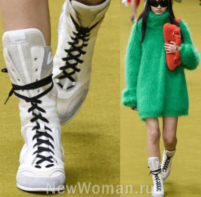 женские сапоги-хайтопы - высокие кроссовки белого цвета с черной шнуровкой - тренды от модного дома Гуччи на 2024 год