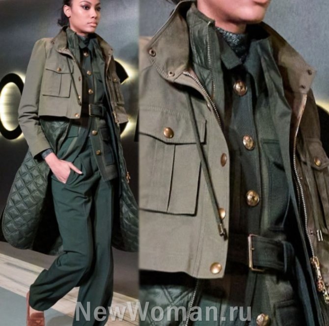 какие женские куртки модные в 2024 году - короткая куртка-спенсер в военном стиле