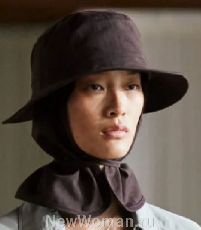 модные женские шляпы 2024, коричневая тканевая шляпа с пришитым капюшоном-ушами