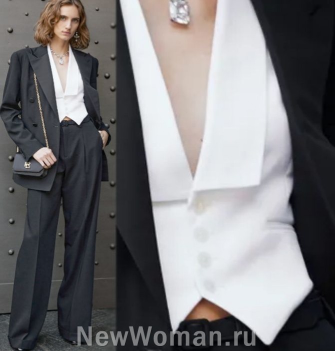 женская блузка без рукавов с воротником, острыми углами и кармашками по типу мужского короткого жилета
