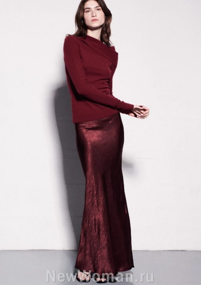 юбка макси 2024 года из шелкового жаккарда, фото женской юбки годе терракотового цвета