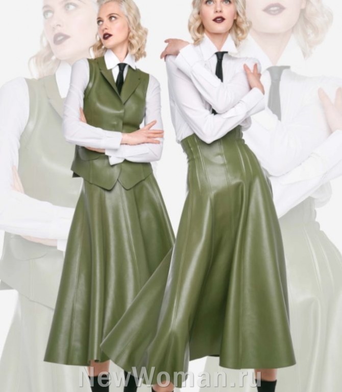 кожаные юбки миди А-силуэта пыльно-зеленого цвета с высокой посадкой
