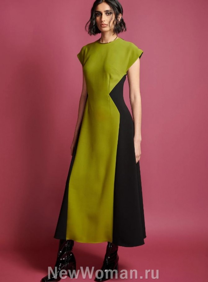 приталенное платье миди с интересным дизайном, двухцветное, с цельнокроеным коротким рукавом