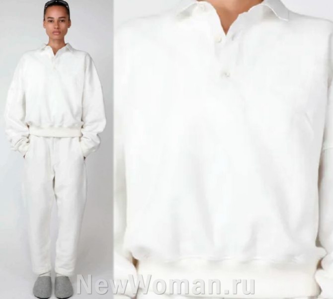 женский белый брючный костюм 2024 - рубашка поло с длинным рукавом и брюки на резинке