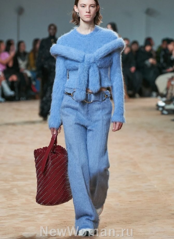 зимние женские брюки 2024 года из теплой ворсистой голубой ткани