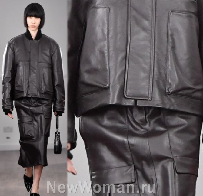 женские уличный костюмы 2024 года - милитари стиль в черном цвете, кожаная куртка бомбер и юбка карандаш с накладными карманами в военном стиле