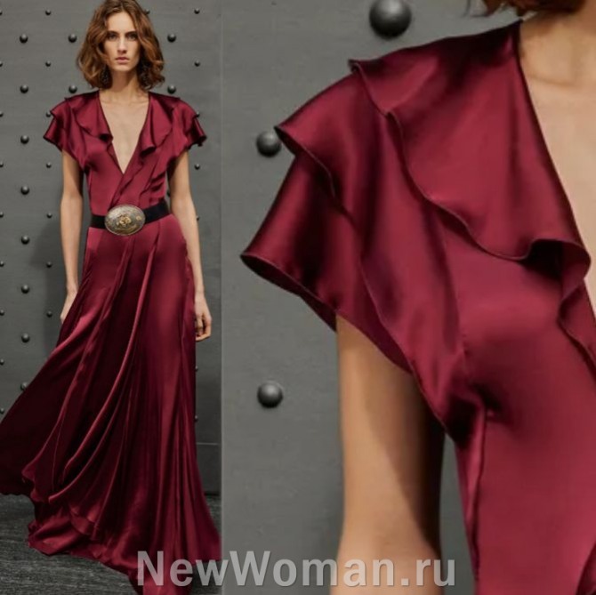 нарядное шелковое платье макси пурпурного цвета с короткими рукавами-воланами