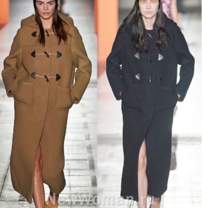 женское пальто дафлкот коричнево-бежевого и черного цвета - тренды 2024 года