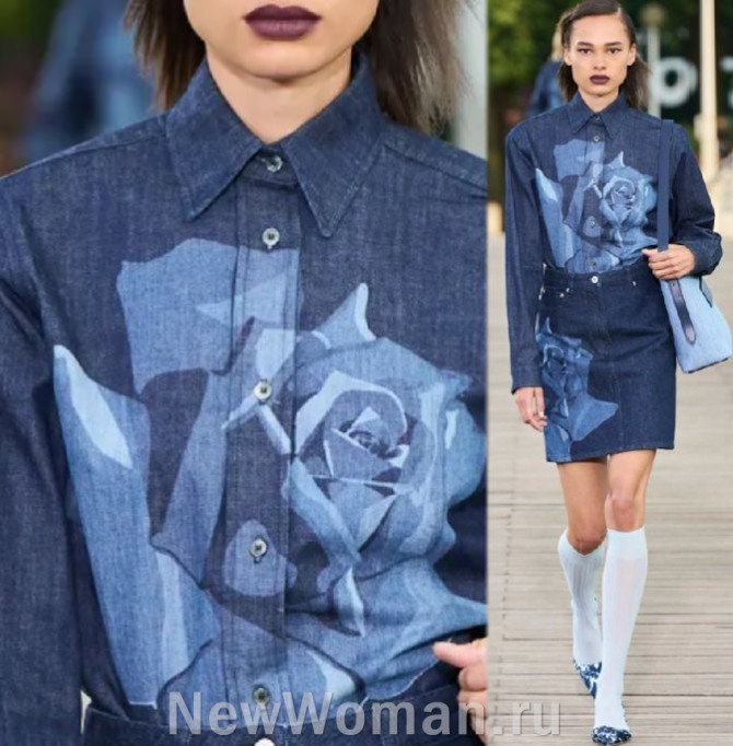 джинсовая женская блузка рубашка с цеточной росписью в технике батик