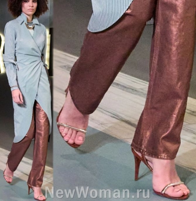 женские узкие прямые брюки металлик медного цвета