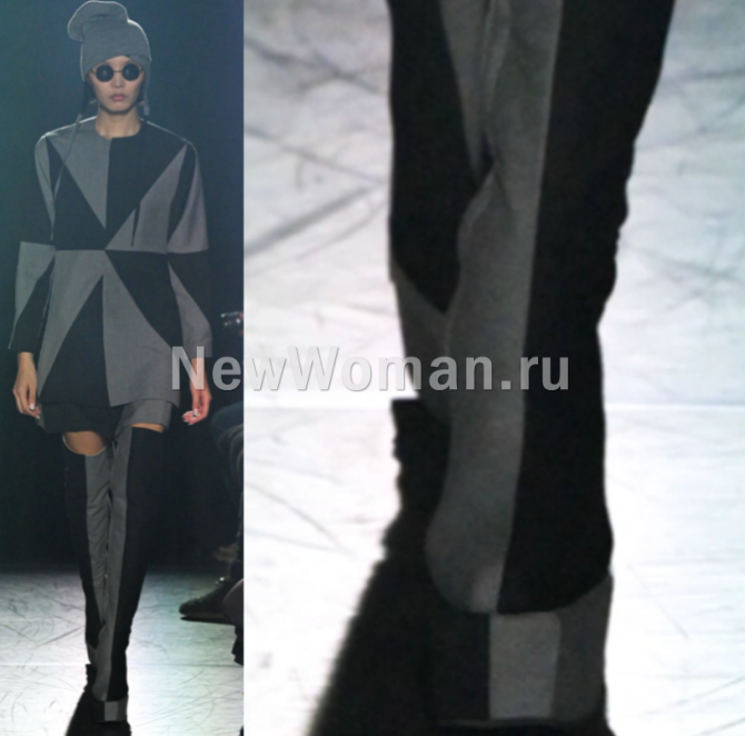 женские модные демисезонные ботфорты 2024 из текстиля колорблок черного и серого цвета с квадратным мысом, на платформе