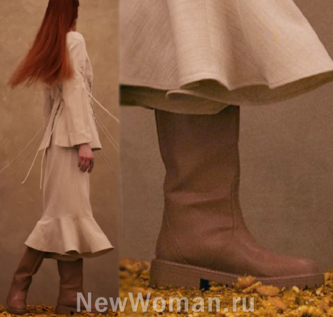 коричневые кожаные сапоги без каблука, какие женские модели сапог самые модные осенью 2024 года