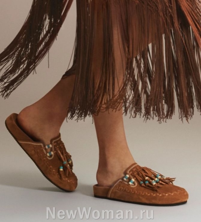 женские макасины 2024, женская обувь 2024 на плоской подошве, макасины из коричневой замши в этническом стиле