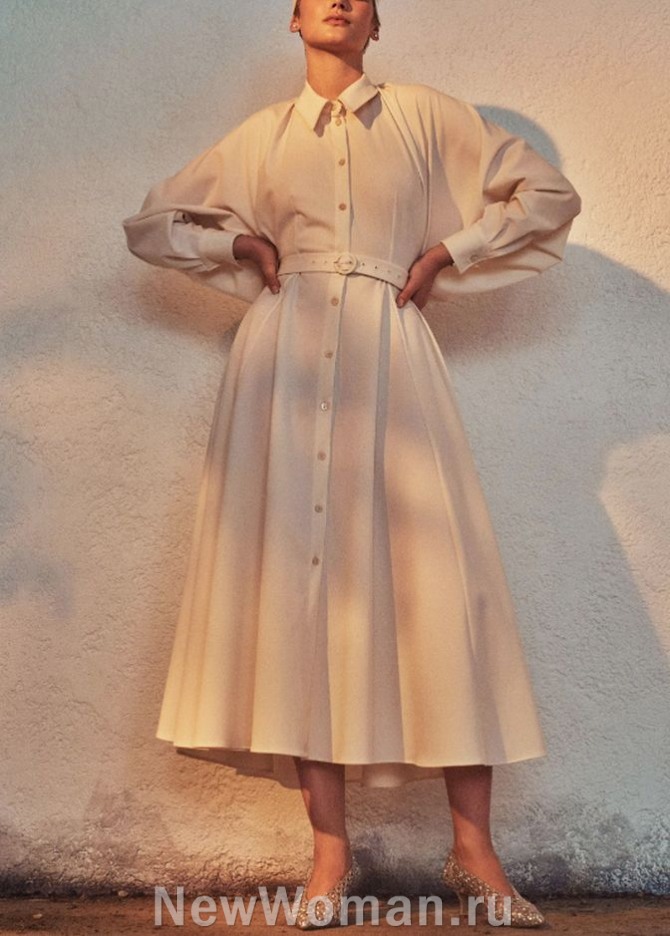 летнее платье-рубашка миди 2024 - с рукавами кимоно, отрезной талией, расклешенной юбкой