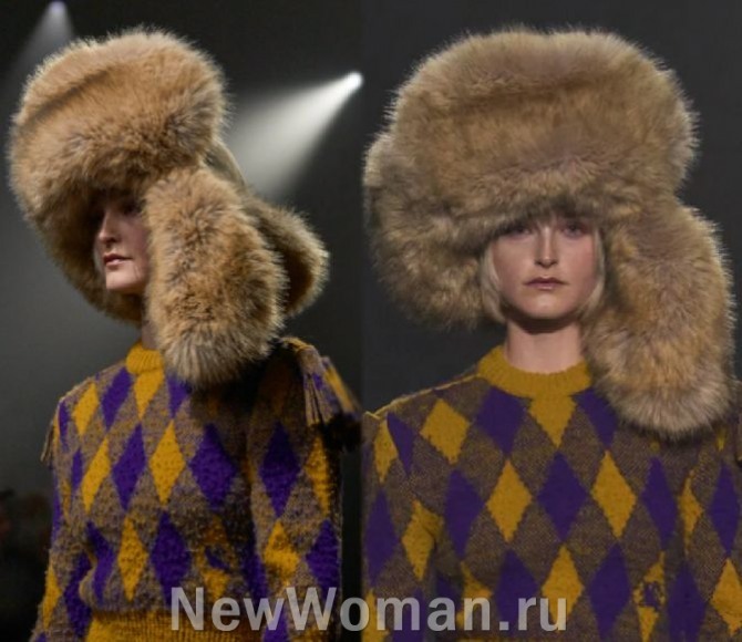 горячий тренд 2024 года в моде на зимние женские шапки - меховой большой малахай с ушами