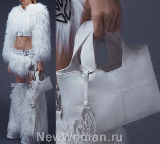модные образы 2024 года с сумками, белый мех в сочетании с белой кожаной сумкой