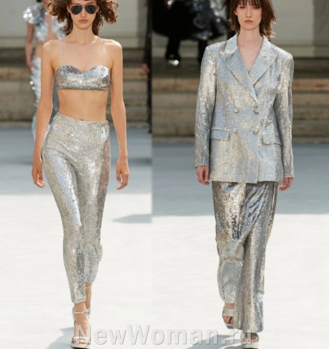 женские костюмы 2024 цвета серебра из пайеточной ткани
