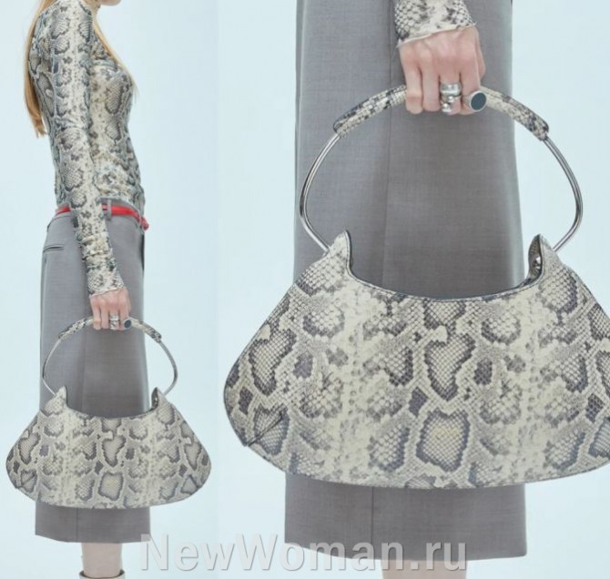стильный женский образ с сумкой и блузкой со змеиным принтом в серой цветовой гамме
