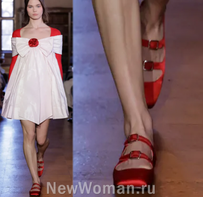 красные атласные туфли-балетки, обувные женские тренды 2024