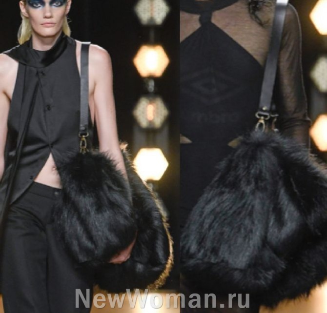 женские сумки 2024 года из черного искусственного меха, сумка-мешок на плечо, стиль тотал-блэк