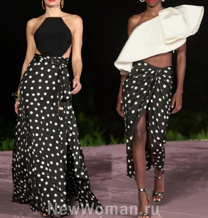 вечерние юбки 2024 года с белым крупным гороховым принтом на черном фоне