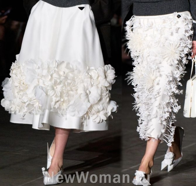 белые нарядные юбки 2024 года с трехмерными цветочными аппликациями оригами 