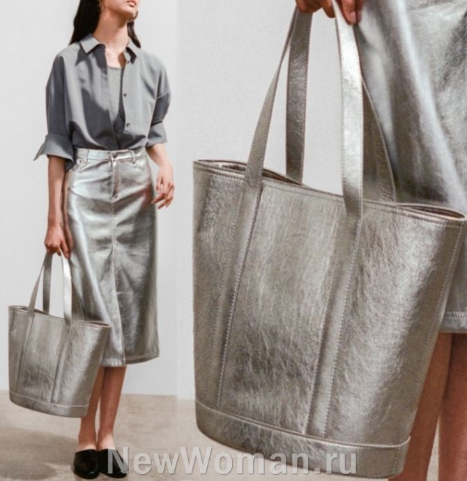 женская сумка 2024 из кожи с серебряным напылением, сумка-шоппер с двумя ручками