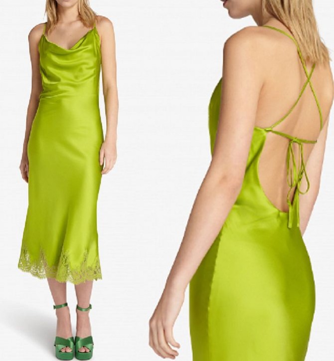 светло-зеленое атласное платье с открытой спиной