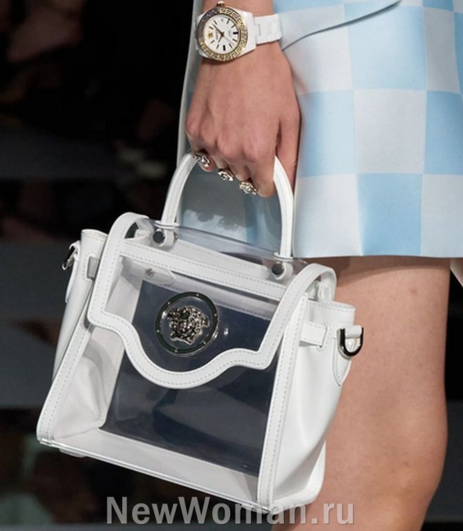  женская сумка-портфель из белой искусственной кожи с фигурным клапаном и прозрачными пластиковыми вставками