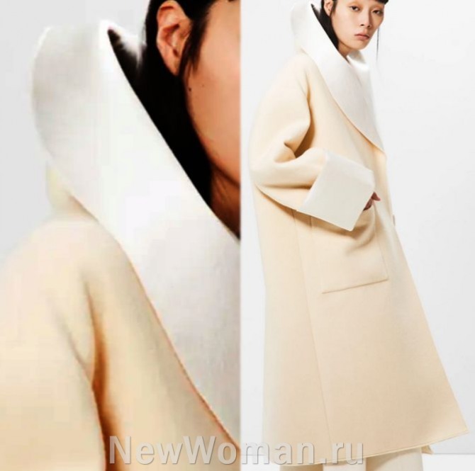 весеннее кашемировое женское пальто сливочного цвета с белой отделкой воротника и манжет
