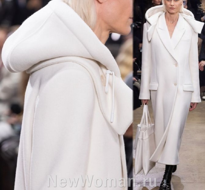 белое кашемировое пальто с накладным капюшоном