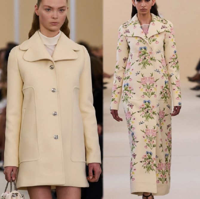 модели весенних женских пальто 2025 бежевого цвета от модного дома Giambattista Valli, FALL 2024 READY-TO-WEAR, Париж