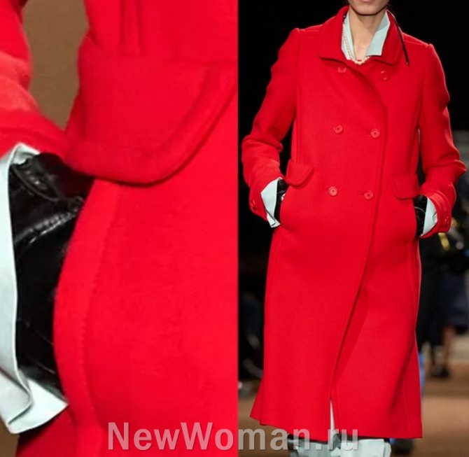 женское кашемировое пальто алого цвета с внутришовными вертикальными карманами и горизонтальными клапанамис 